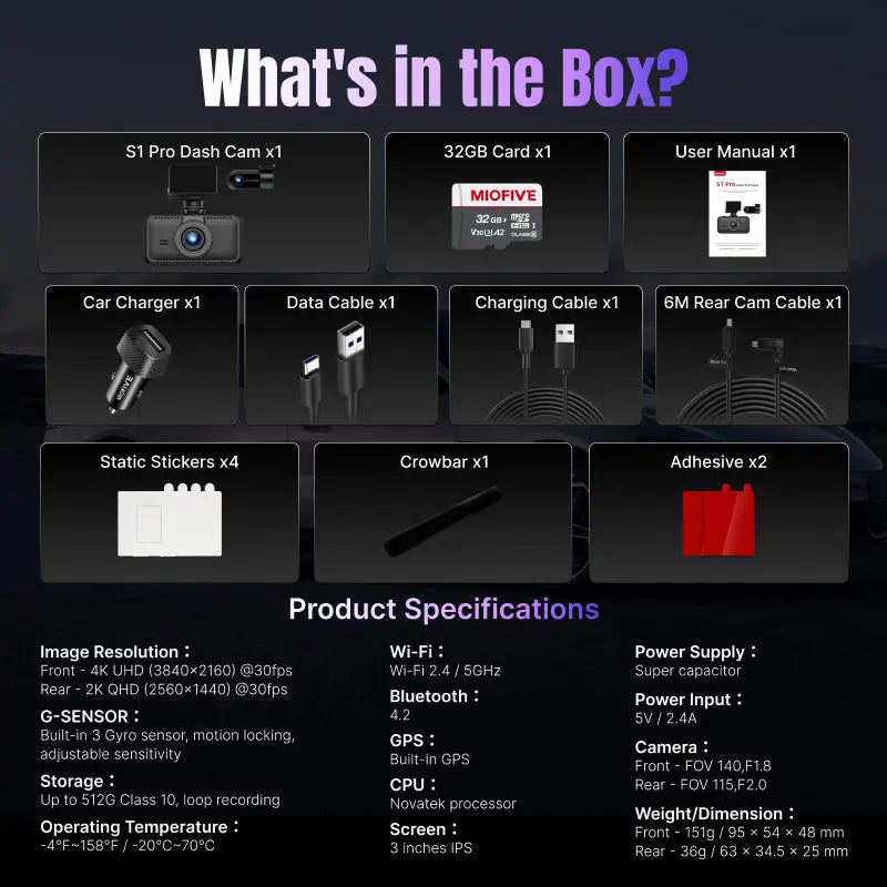 Miofive S1 Pro 4K+2K Dual Dash Cam, Supercapacitor Miofive
