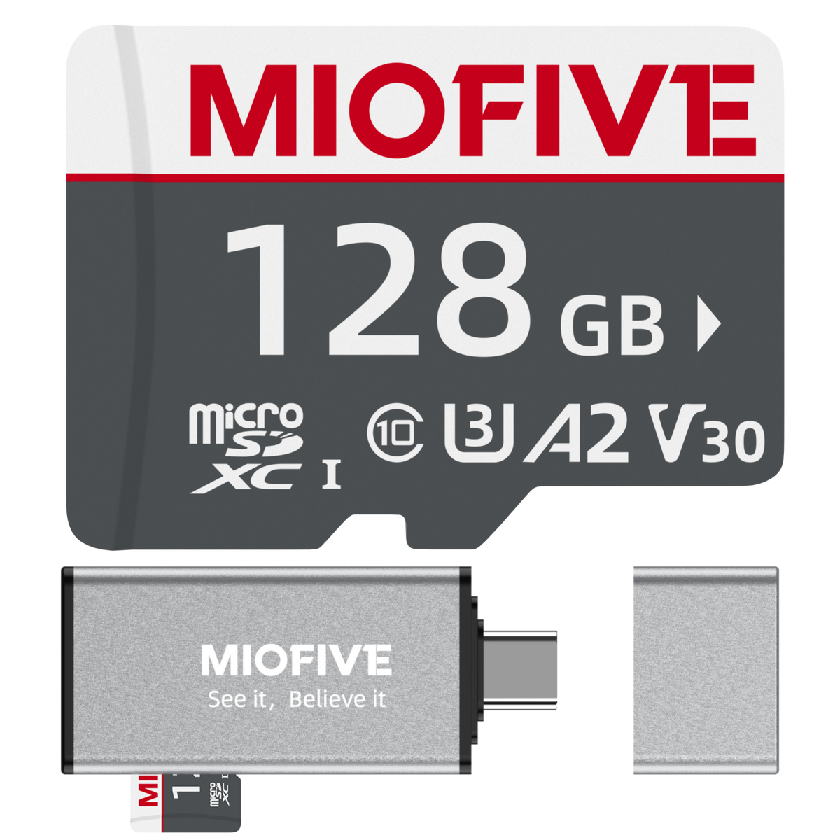 Miofive 128GB microSDXC Memory Card - Ultimate Micro SD Card with USB 3.0 Type-C Card Reader 170MB/s, C10, U3, A2, V30, 4K for Dash Cams, Android Smartphones, Tablets, and Gaming devices