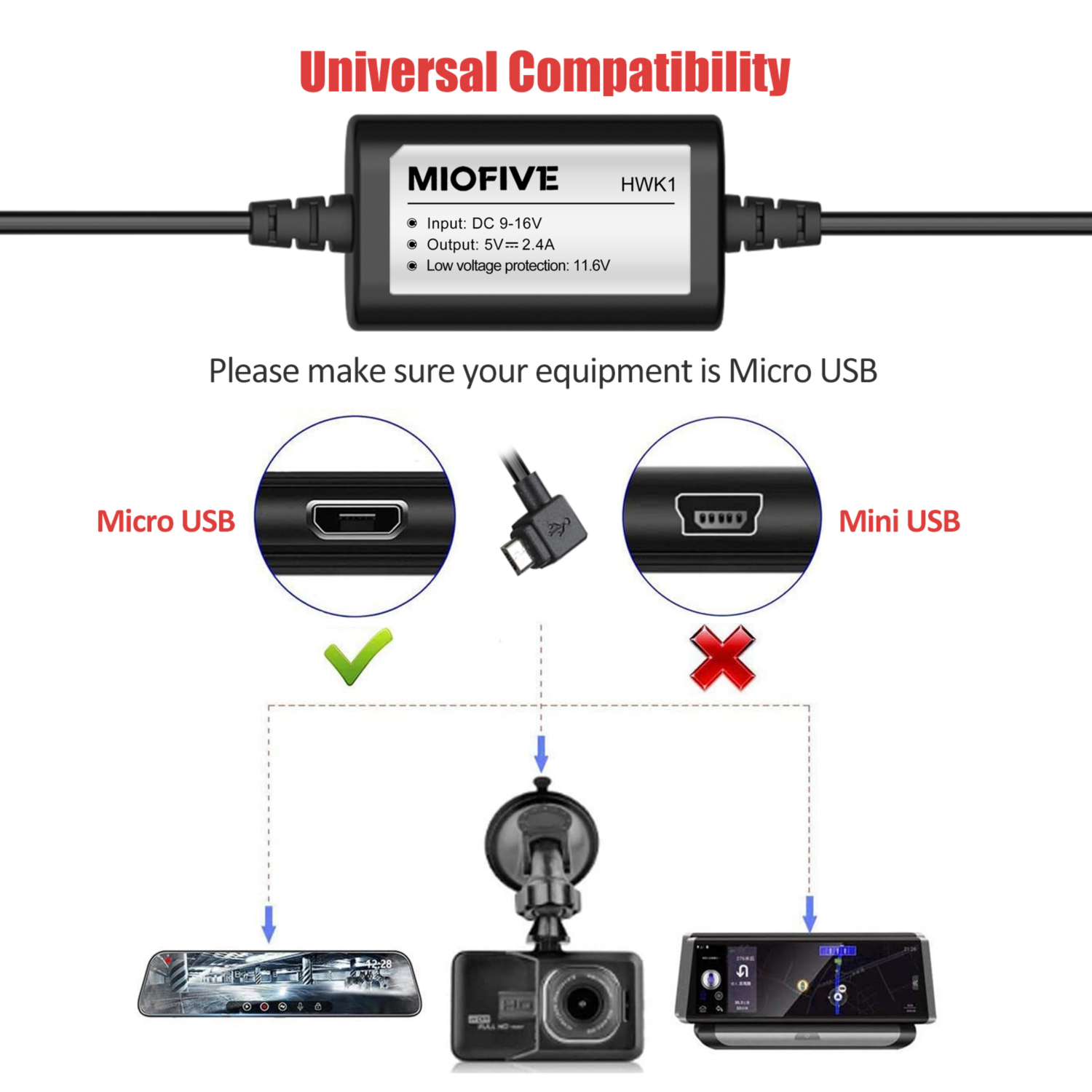 Miofive Dash Cam Hardwire Kit, 11.5ft Micro USB Hard Wire Kit for Dashcam (HKW1)