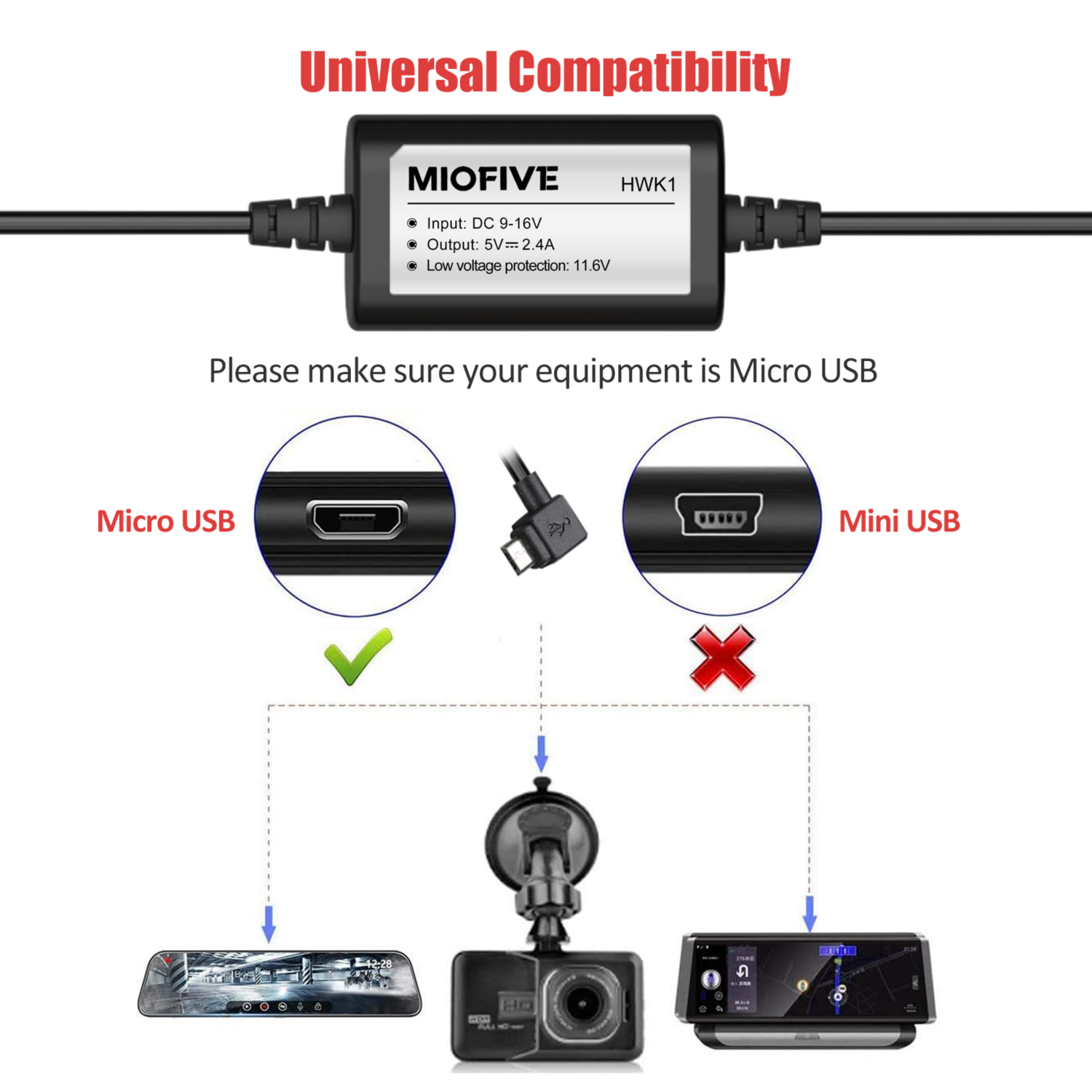 Miofive 11.5ft Micro USB Hardwire Kit(HKW1)