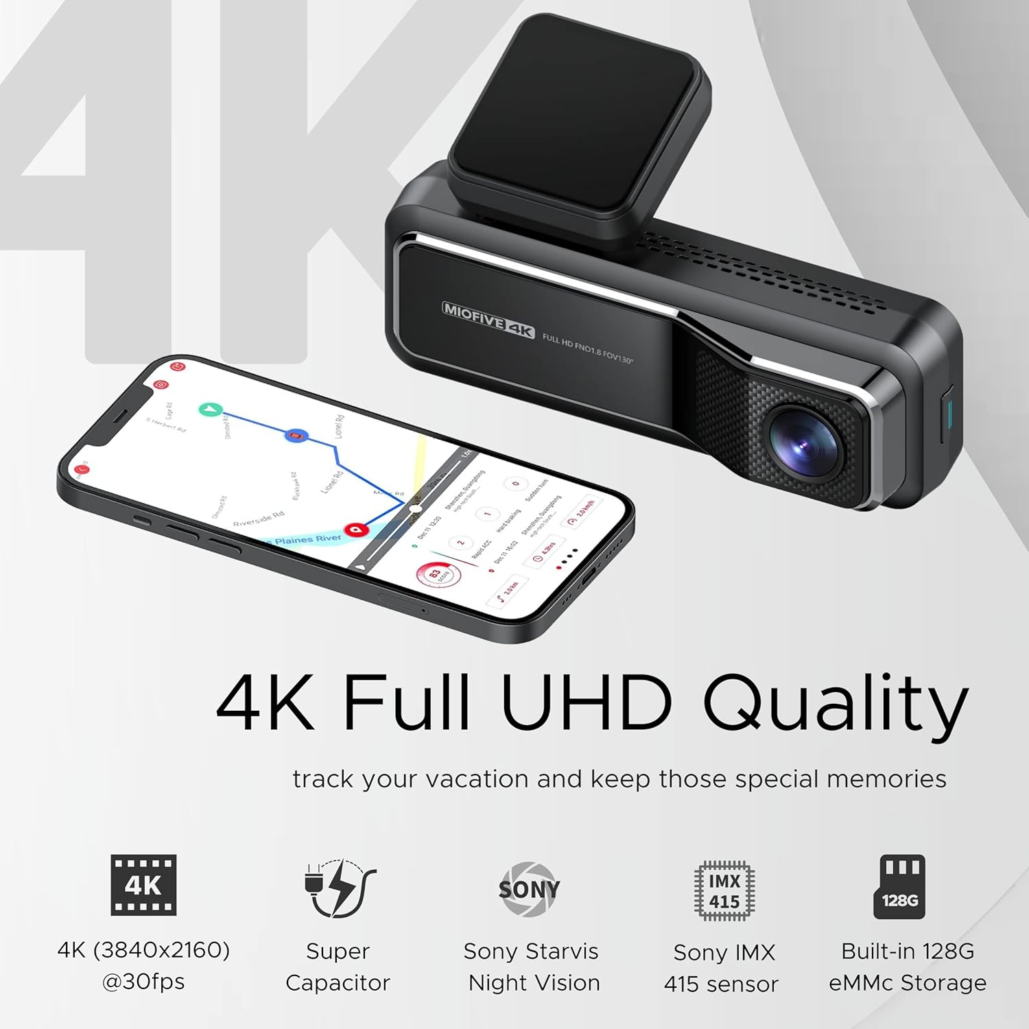 Miofive 4K+2K Dual Dash Cam with 5G WiFi, GPS, Built-in 128GB eMMC Storage