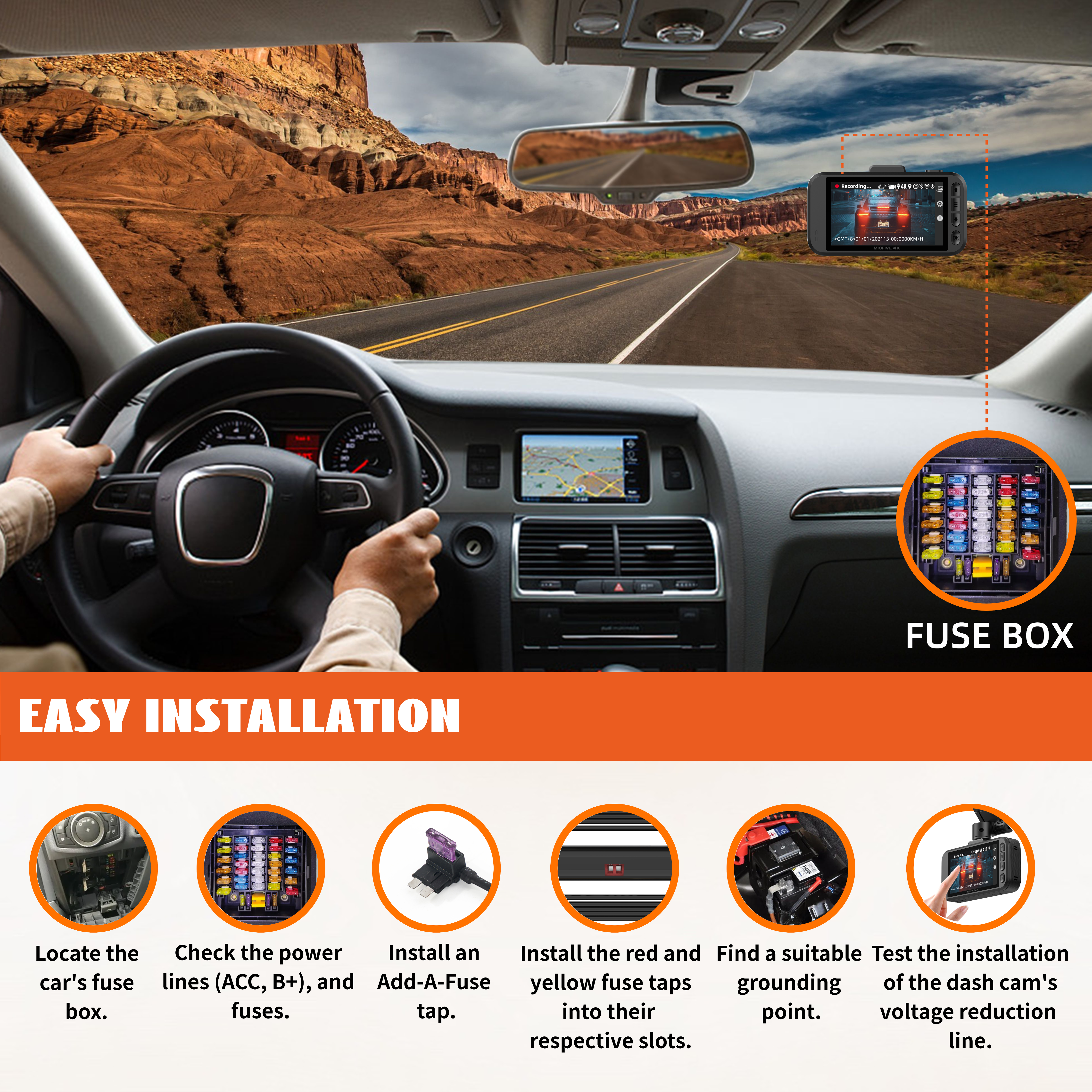 Miofive S1-4K Dash Cam, Built-in 5G WiFi GPS & Bluetooth Pairing Car Dashboard Camera Recorder + Upgraded 11.5ft USB Type-C Port Dash Cam Hardwire Kit（BUNDLE-S1+HWK2）