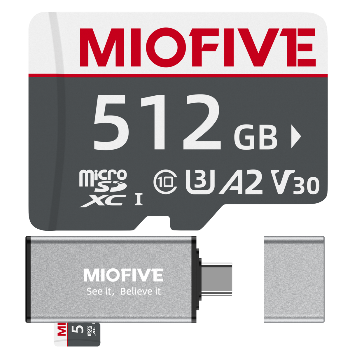 Miofive 512GB microSDXC Memory Card - Ultimate Micro SD Card with USB 3.0 Type-C Card Reader 170MB/s, C10, U3, A2, V30, 4K for Dash Cams, Android Smartphones, Tablets, and Gaming devices