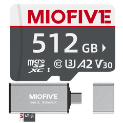 Miofive 512GB microSDXC Memory Card - Ultimate Micro SD Card with USB 3.0 Type-C Card Reader 170MB/s, C10, U3, A2, V30, 4K for Dash Cams, Android Smartphones, Tablets, and Gaming devices