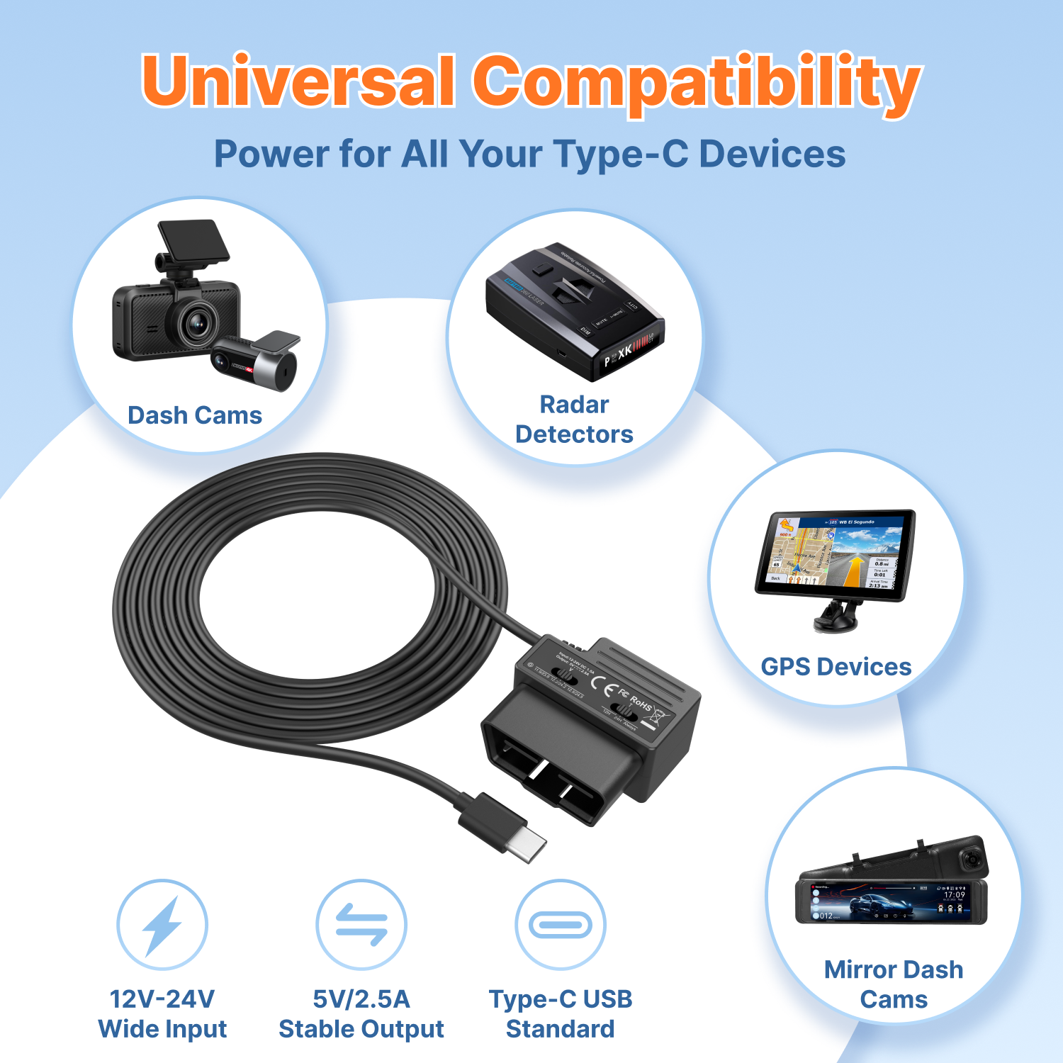 Miofive 3.5M OBD II Power Cable(11.5ft)