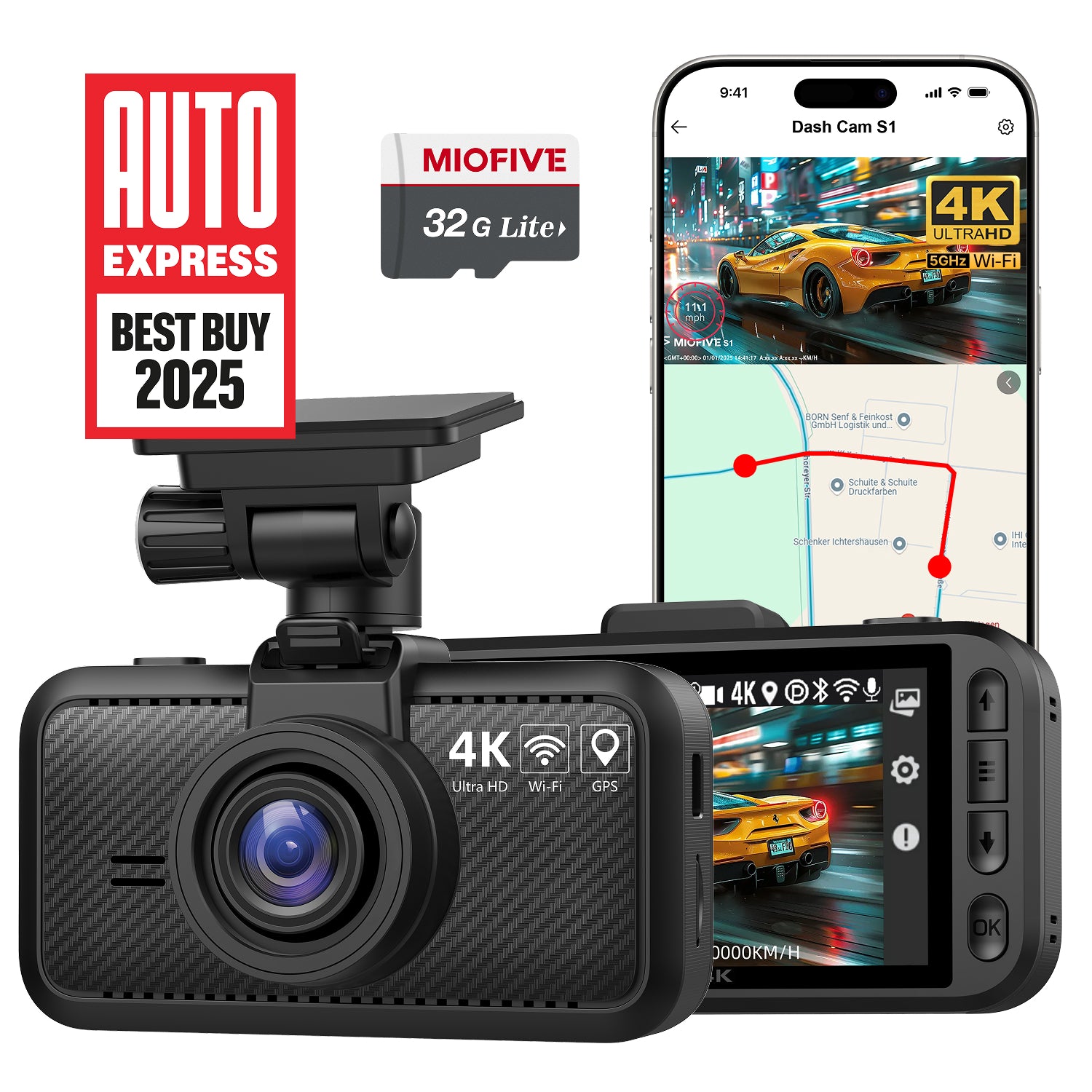 MIOFIVE Dashcam S1 – 4K UHD Frontkamera fürs Auto mit kostenloser 32GB SD-Karte