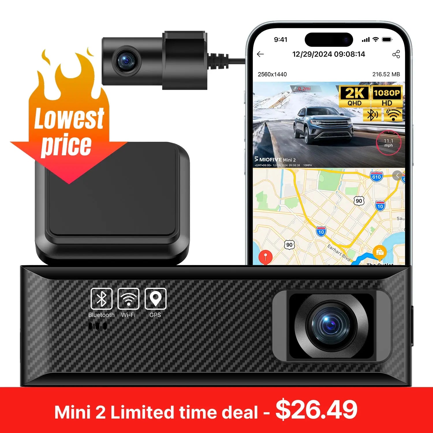 Miofive Mini 2 2K+1080P Dual Dash Cam, Supercapacitor(SD Card Not Included) Miofive