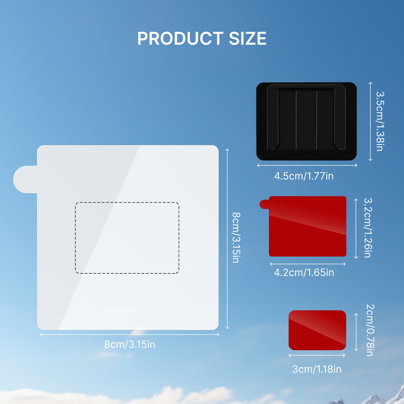 Miofive dash cam mounting kit size chart showing dimensions for 8x8cm electrostatic sticker, black bracket, and 3M adhesive pads.