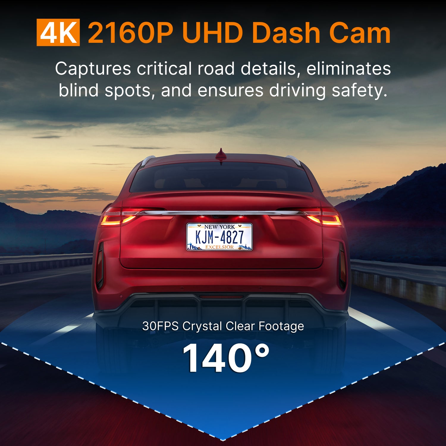 Miofive S1 4K 2160P UHD dash cam capturing real-time driving details, 140 degree wide-angle view covering multiple lanes, smooth 30fps video recording for clear license plate recognition.