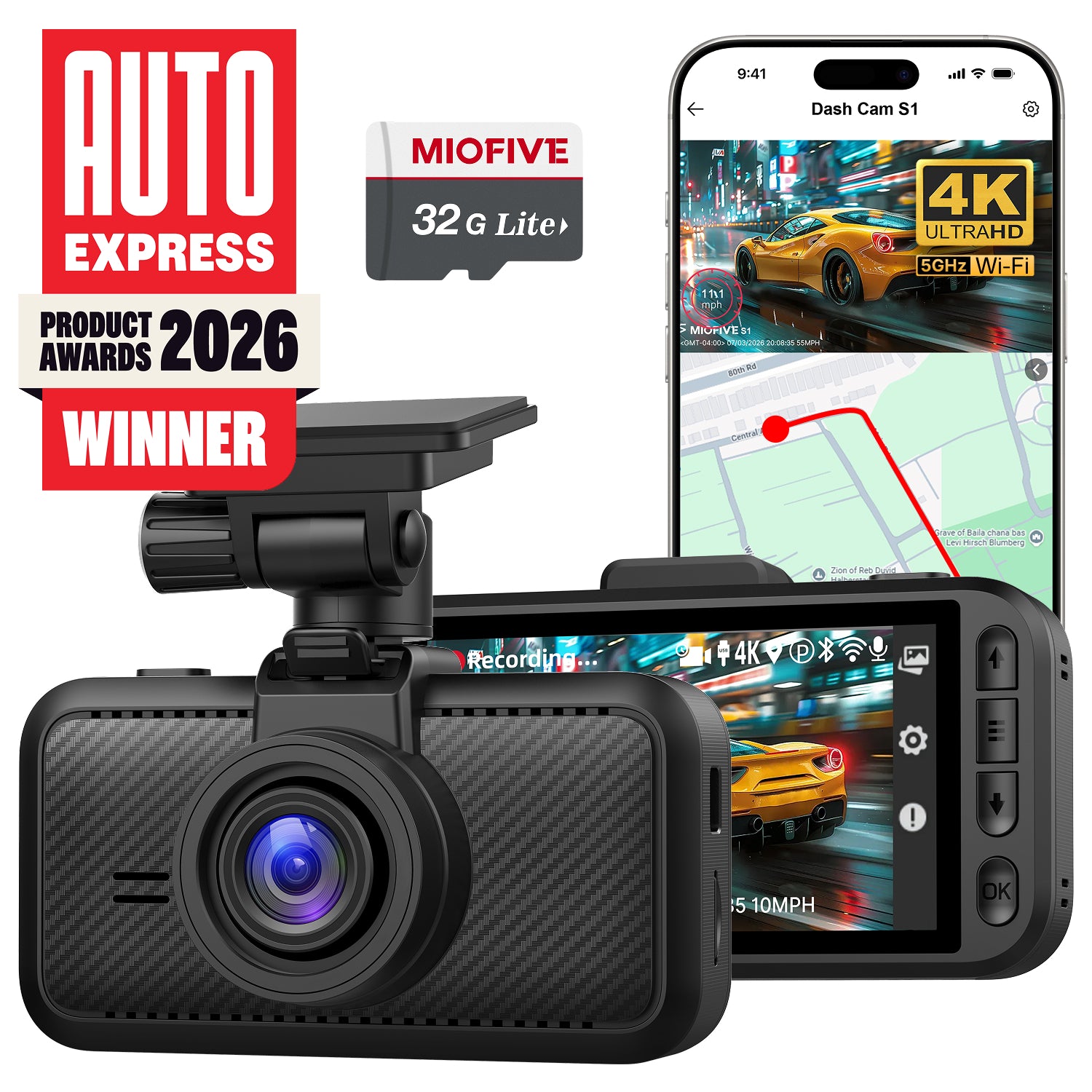 Miofive S1 4K Ultra HD Dash Cam Front and Rear with 32GB MicroSD Card, Built-in GPS, 5GHz Wi-Fi, Super Night Vision, Smart Car Camera and Auto Express 2026 Award Winner.
