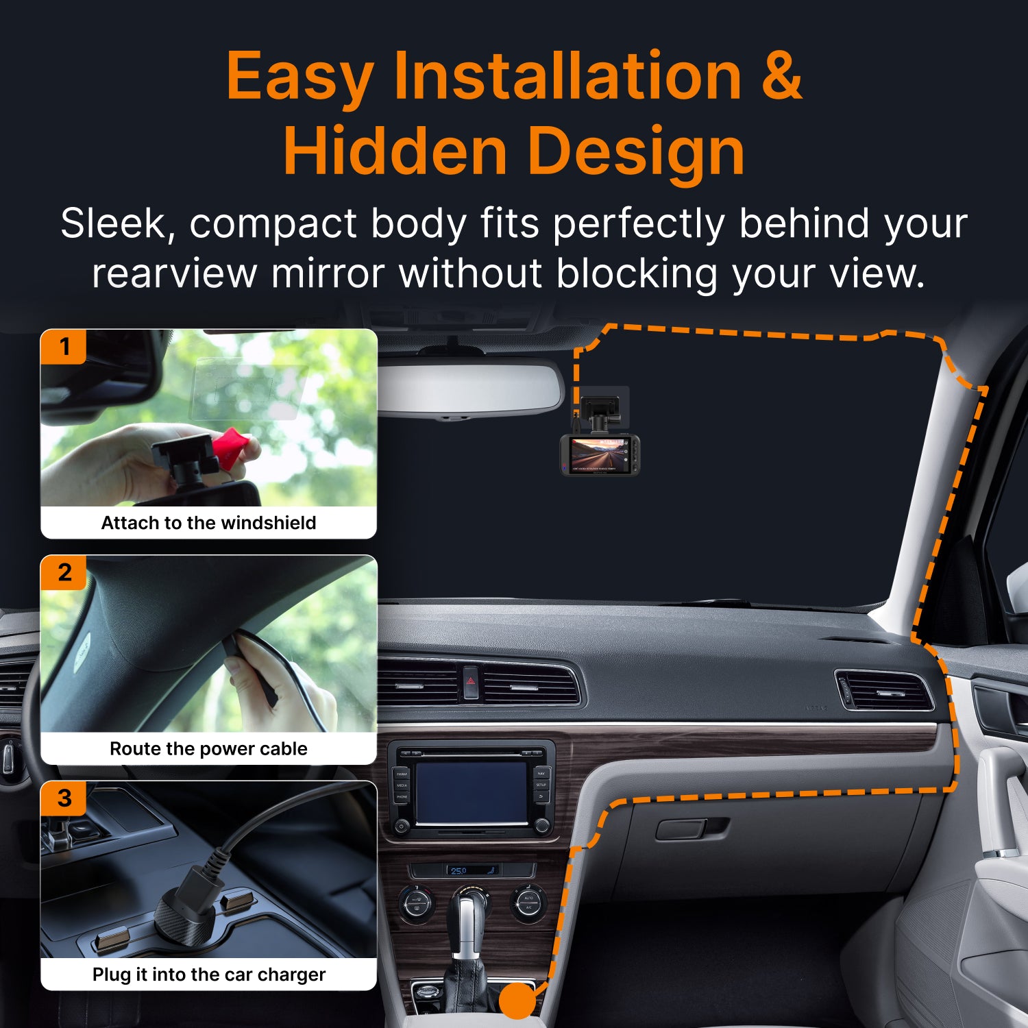 Miofive S1 dash cam showing easy DIY installation behind the rearview mirror, compact and hidden car camera design, featuring Type-C power port and accessible MicroSD card slot for seamless integration.