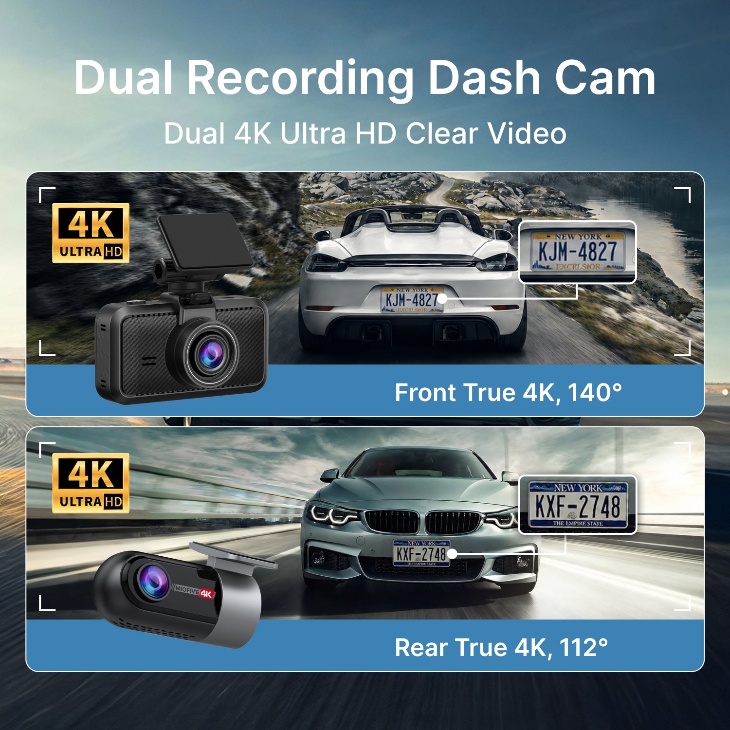 Miofive S1 Ultra dual recording dash cam capturing true 4K front and rear clear license plates on the road with dual 4K ultra HD resolution.