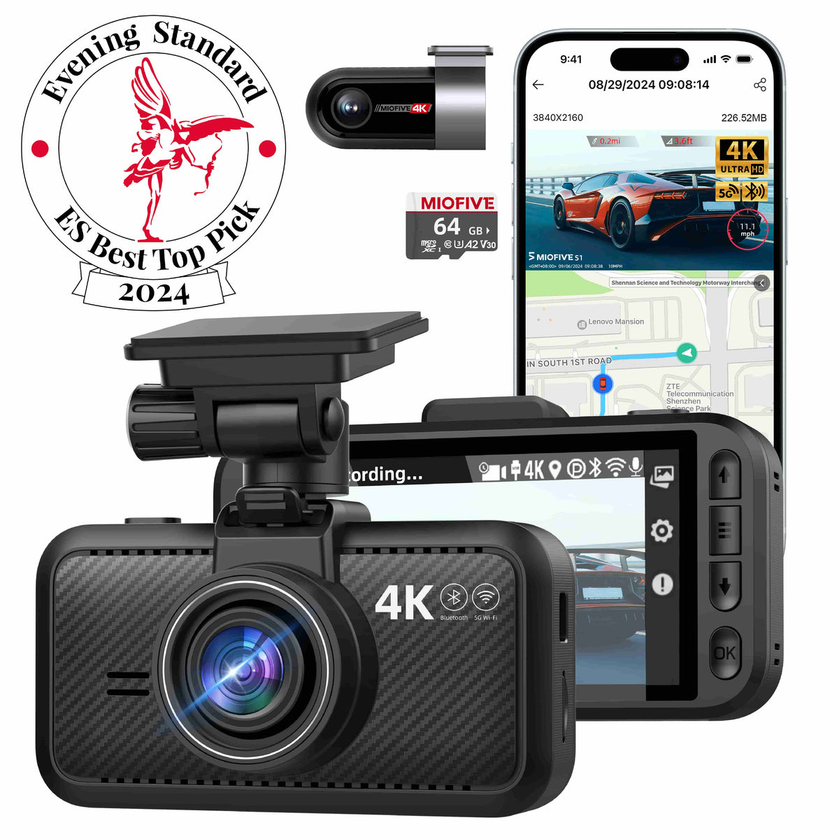 Miofive S1-Ultra Dash Cam Front Rear, 4K+4K Dual Dash Camera for Cars, with One Free 64GB microSD Card