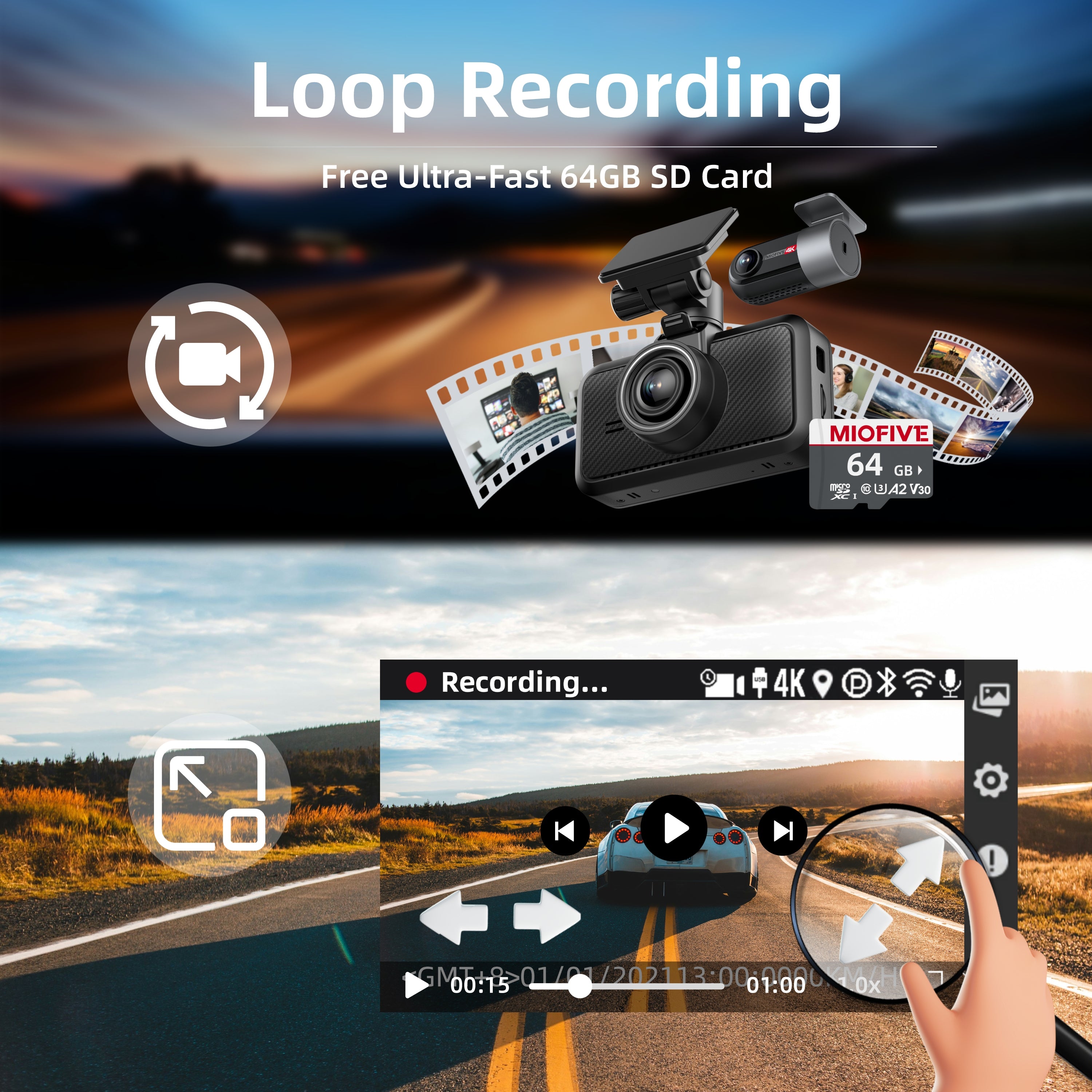Miofive S1-Ultra Dash Cam Front Rear, 4K+4K Dual Dash Camera for Cars, with One Free 64GB microSD Card