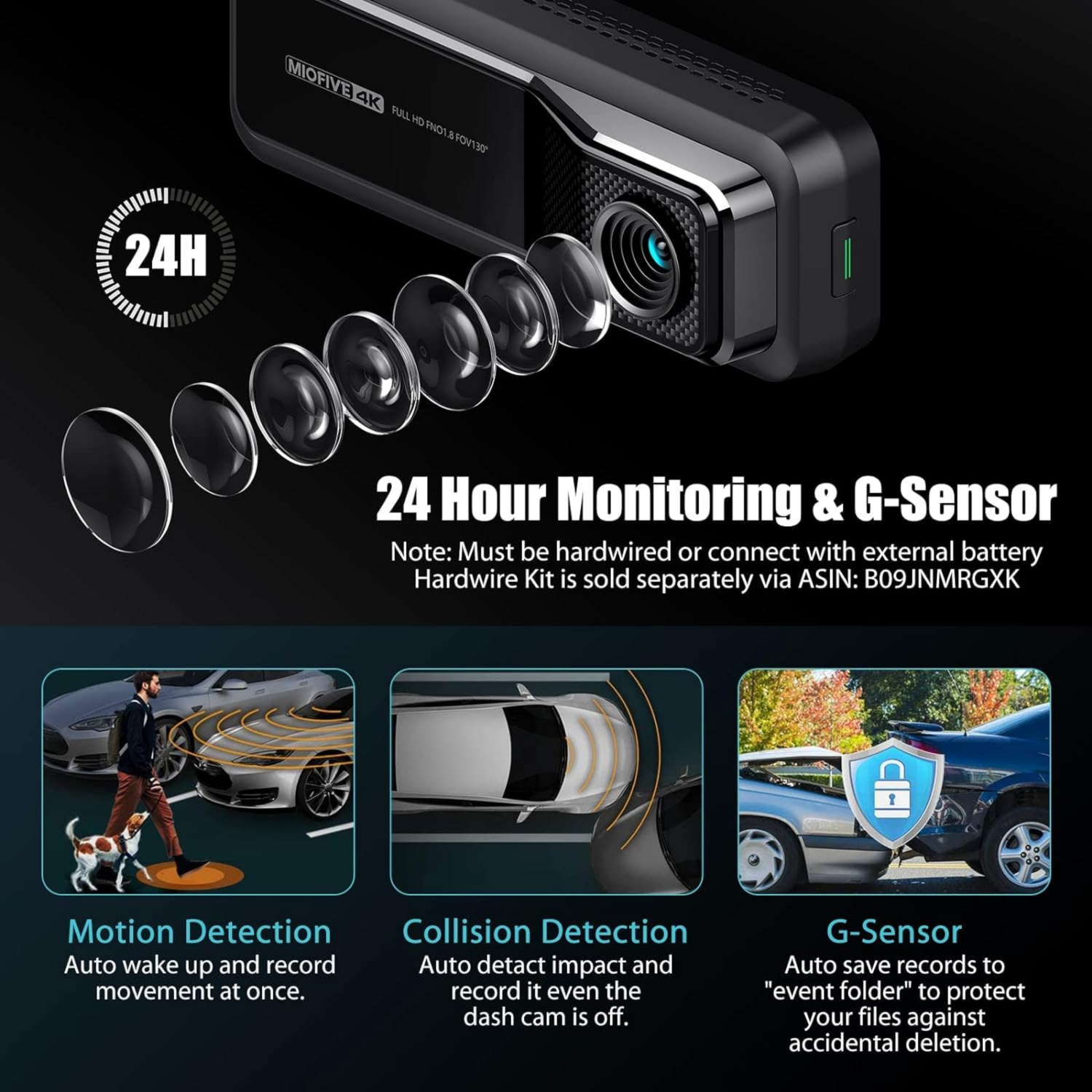 Miofive 4K Front Dash Camera, Built-in 64G eMMC Storage, Lithium Battery (MF01)