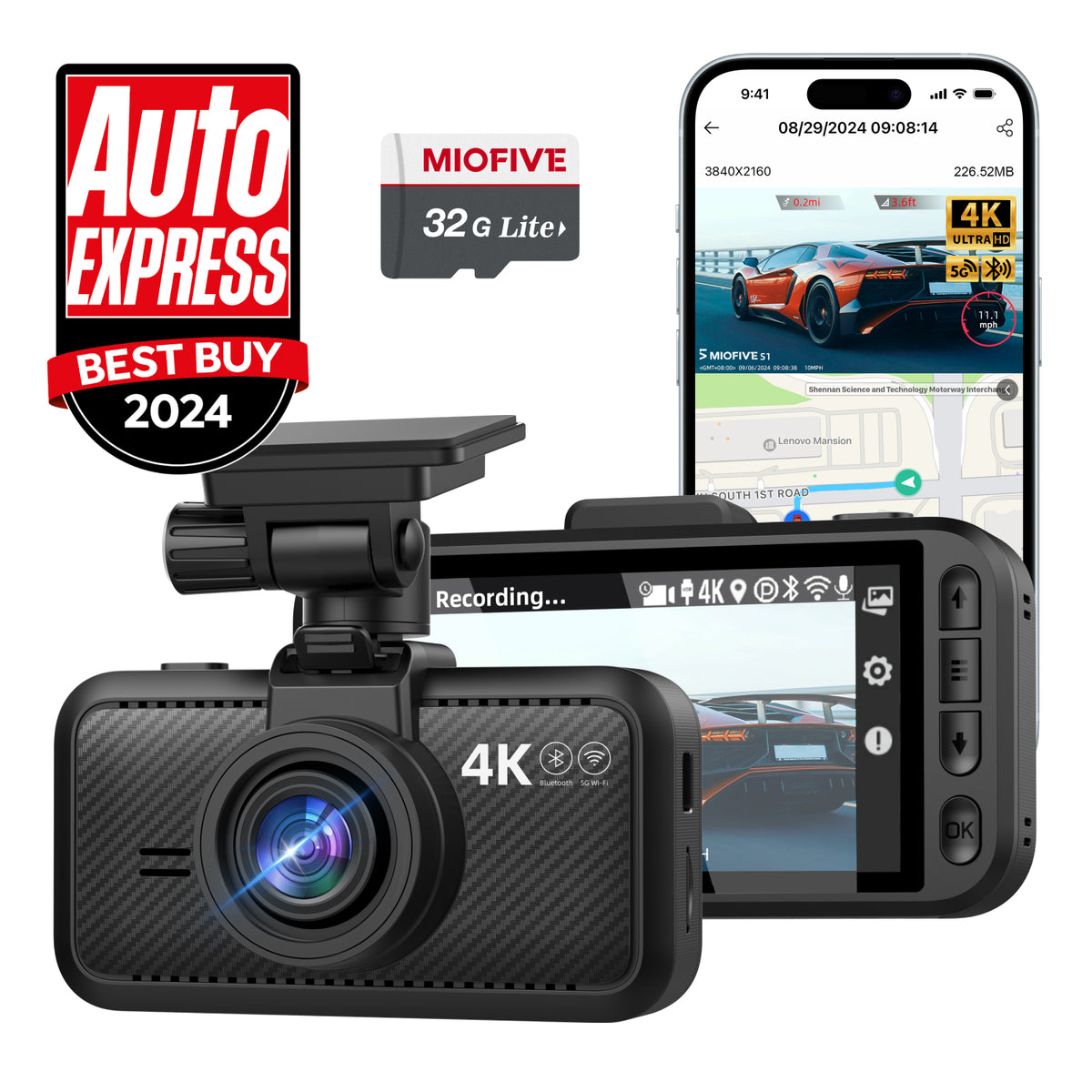 Miofive S1 Car Camera, 4K Resolution, with One Free 32GB Memory Card