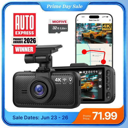 Miofive S1 4K Dash Cam, Supercapacitor Heat Resistant (32GB Card Included) Miofive