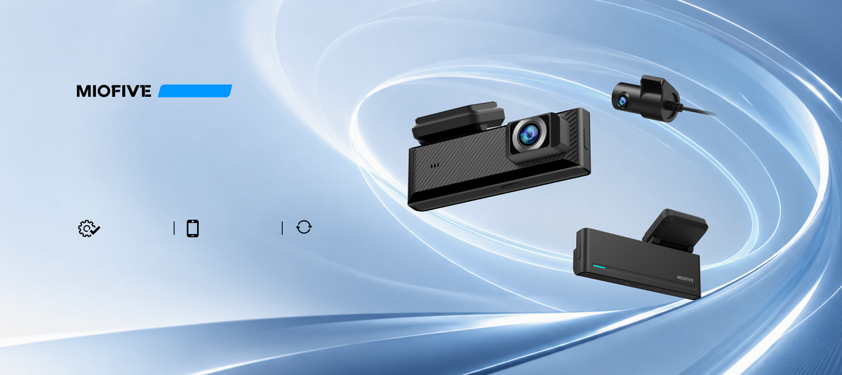 Miofive Mini Series compact dash cam showcasing its minimal size design, featuring easy installation, smart app control.