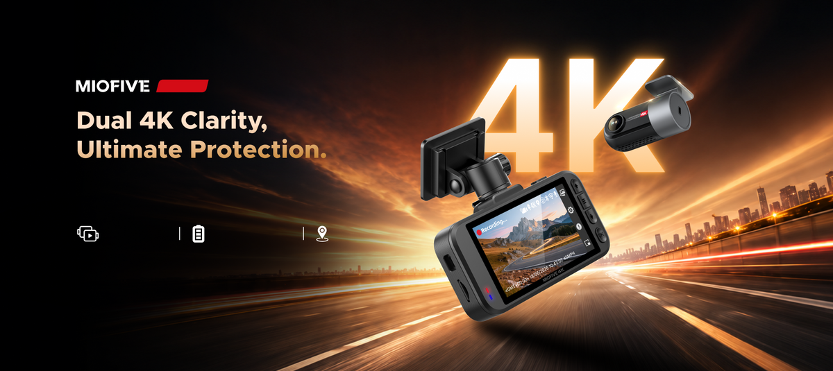 Miofive S1 Ultra Dual 4K Dash Cam with front and rear cameras, featuring super capacitor and built-in GPS tracking.