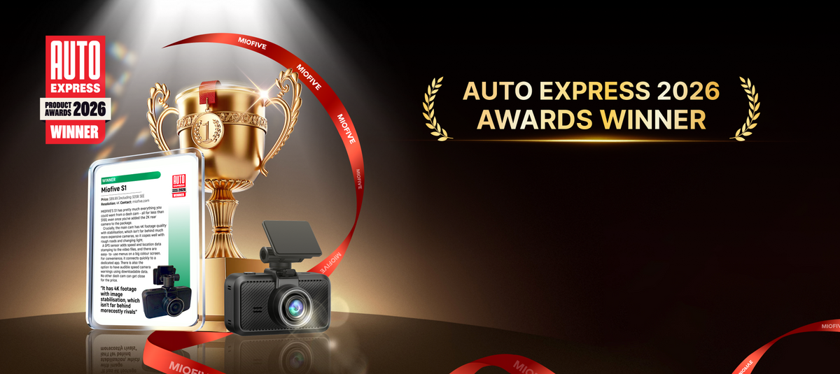 Miofive S1 True 4K Smart Dash Cam showcasing AutoExpress 2026 Product Awards trophy.