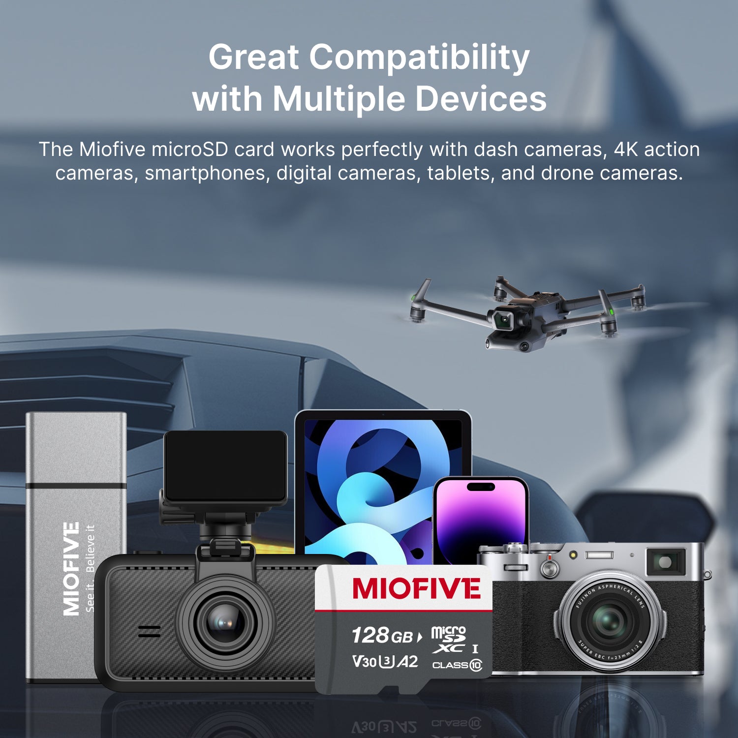 Miofive 128GB microSD card with V30 A2 speeds, compatible with dash cams,
drones, 4K action cameras, and smartphones.