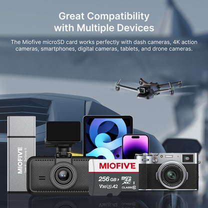 Miofive 256GB microSD card with V30 A2 speeds, compatible with dash cams,
drones, 4K action cameras, and smartphones.