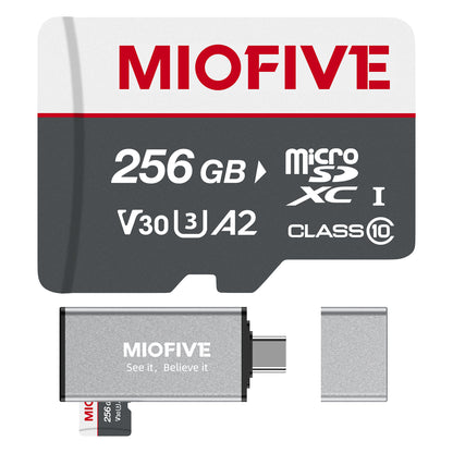 Miofive 256GB V30 A2 microSDXC memory card with a Type-C USB card reader and cap on a white background.