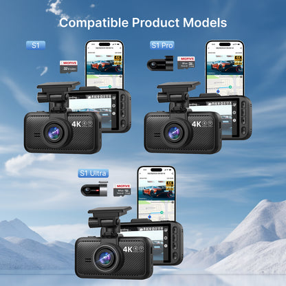 Compatibility chart showing product models compatible with the Miofive dash cam mount, including S1, S1 Pro, and S1 Ultra.