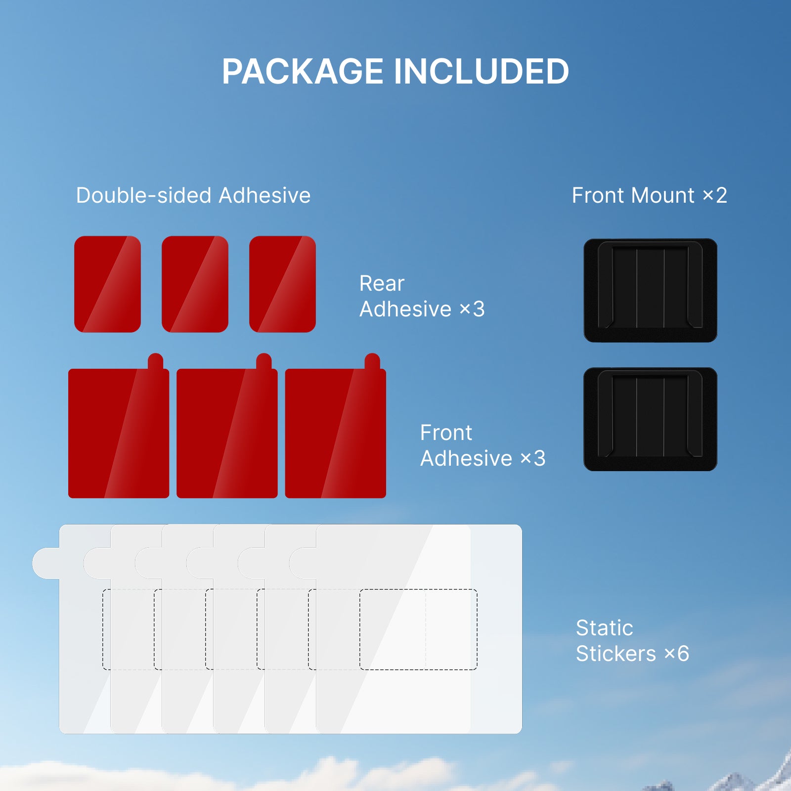 Miofive dash cam package included a chart showing 2 front mounts, 6 static stickers, and 3M front and rear adhesives.