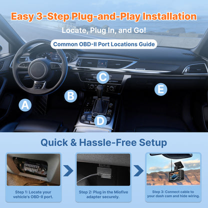 Miofive dash cam OBD-II hardwire kit easy 3-step installation guide and common vehicle OBD-II port locations map (A-E).