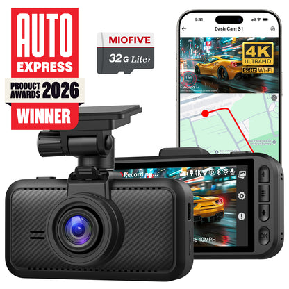 Miofive S1 4K Ultra HD Dash Cam Front and Rear with 32GB MicroSD Card, Built-in GPS, 5GHz Wi-Fi, Super Night Vision, Smart Car Camera and Auto Express 2026 Award Winner.