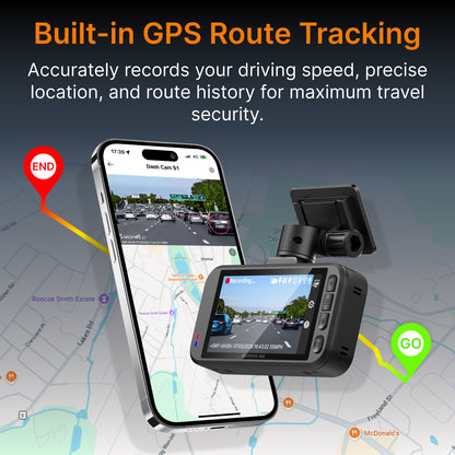 Miofive S1 dash cam with built-in GPS module, accurately tracking vehicle speed, real-time location, and driving route history on the smartphone app for road trip recording and insurance evidence.