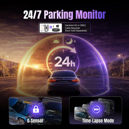 Miofive S1 Pro 24/7 parking monitor dash cam featuring G-sensor collision detection and time-lapse video mode for car security.
