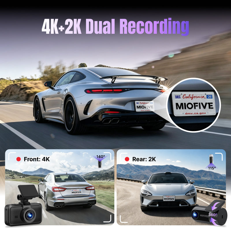 Miofive S1 Pro true 4K front and 2K rear dual dash cam for cars showing crystal clear video quality and license plate capture.