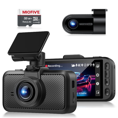 Miofive S1 Pro true 4K front and 2K rear dual dash cam for cars, with built-in 5G Wi-Fi, GPS, smart app control, 32GB SD card.