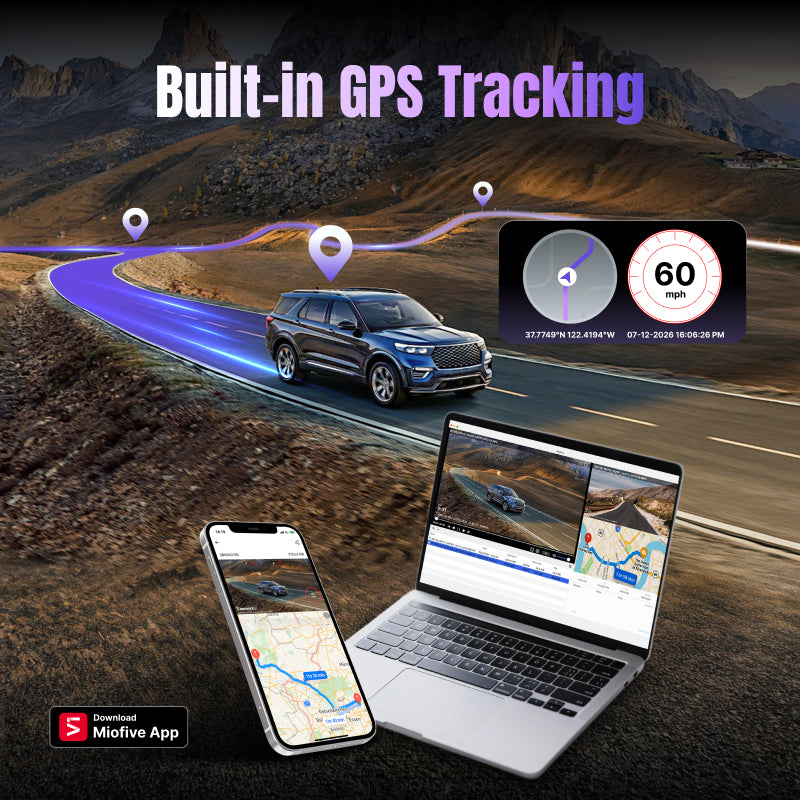 Miofive S1 Pro smart car camera with built-in GPS to track and record real-time driving route, location, and speed in MPH.