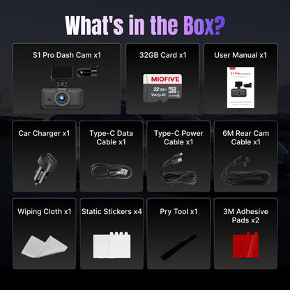 Miofive S1 Pro unboxing package list showing dual dash cam system accessories, 32GB SD card, cables, and installation tools.