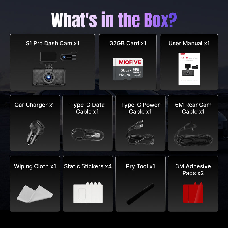 Miofive S1 Pro unboxing package list showing dual dash cam system accessories, 32GB SD card, cables, and installation tools.