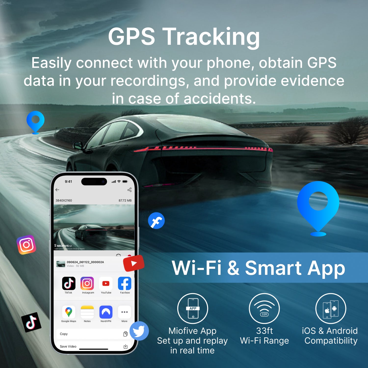 Miofive S1 Ultra true 4k dash cam with built-in GPS tracking for route driving history and high-speed 5GHz WiFi app control on iOS and Android.