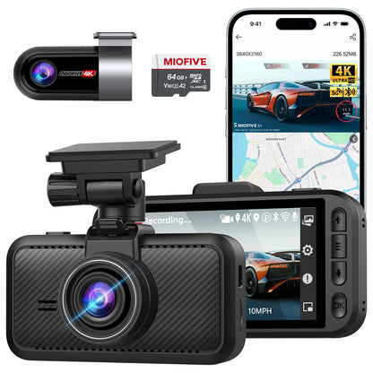 Miofive S1 Ultra True 4K Front and Rear Dual Dash Cam with 64GB MicroSD Card, 5GHz WiFi, GPS Tracking, and Smart App Control