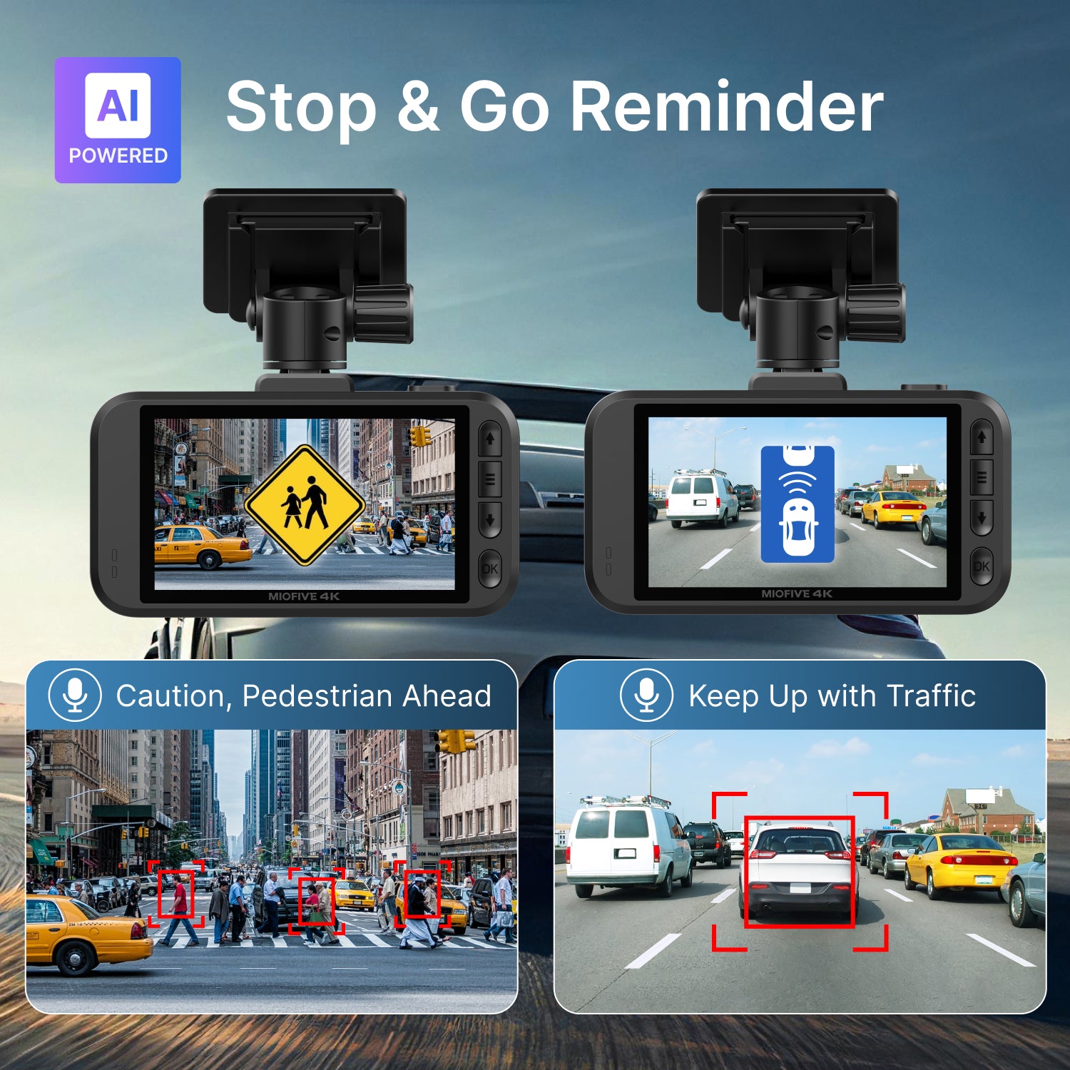 Miofive S1 Ultra AI-powered dash cam with smart ADAS providing Stop & Go front car start reminders and real-time pedestrian detection alerts for driving safety.
