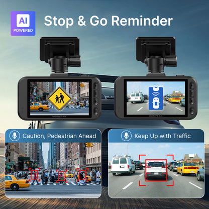 Miofive S1 Ultra AI-powered dash cam with smart ADAS providing Stop & Go front car start reminders and real-time pedestrian detection alerts for driving safety.