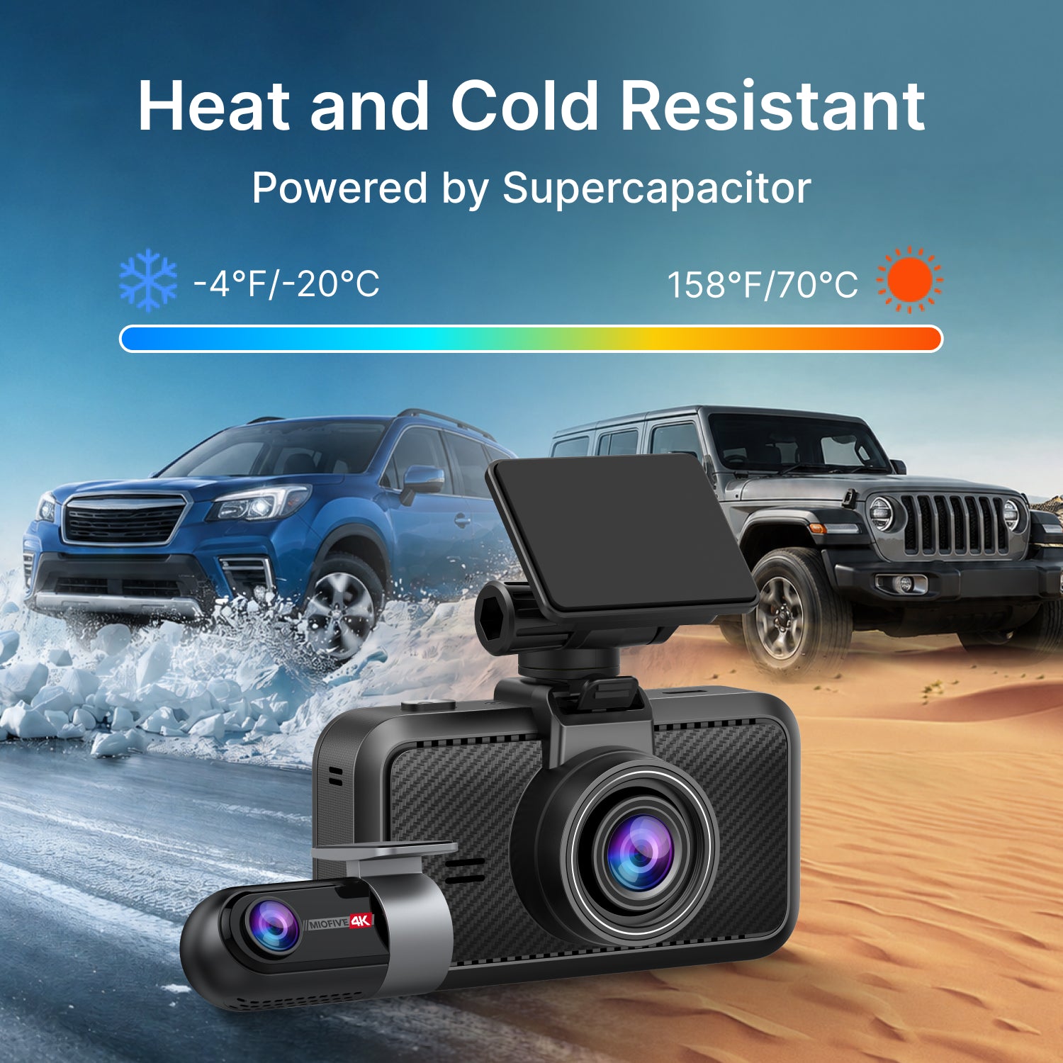 Miofive S1 Ultra dash cam powered by supercapacitor for extreme heat and cold resistance, operating from -4°F to 158°F for long-lasting reliability.
